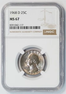 1968 D Washington Quarter MS 67 NGC 25C US COIN - Picture 1 of 5