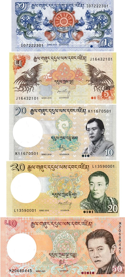 Bután (Juego #2) 1, 5, 10, 20, 50 Ngultrum, 2013/2021, Sin Circular, Juego de 5 Billetes Foto 1 de 2