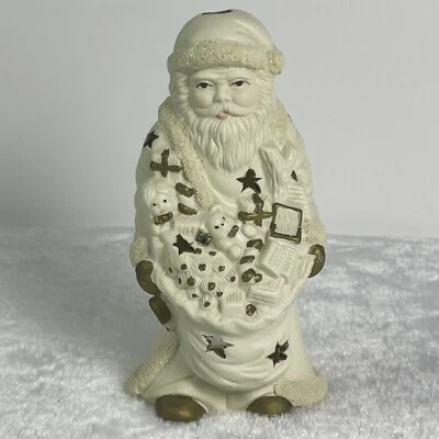 Suporte de vela vintage branco cerâmica Papai Noel luz chá estrelas detalhe dourado - Imagem 1 de 4