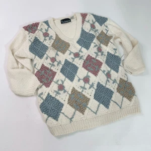 Suéter Jessica Stevens Vintage Mujer Mediano Floral Tejido con Cable Rosas Grandmacore - Imagen 1 de 8