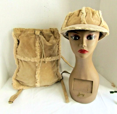 Wilsons Leather Backpack Matching Hat Maxima Tan Suede Sherpa Lined Cap Womens - Image 1 of 4