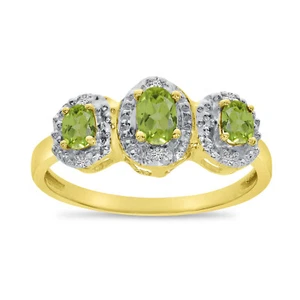 14k Yellow Gold Oval Peridot And Diamond Three Stone Ring - Picture 1 of 6