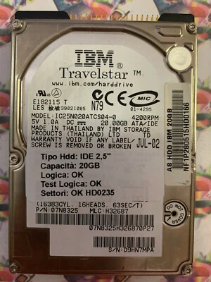 Hard Disk Usato IDE 2,5" 20GB IBM IC25N020ATCS04-0 07N8325 H32687 JUL-02 - Immagine 1 di 4