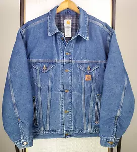 VTG CARHARTT Blanket Lined Denim Trucker Jacket Made in USA Mens Size XL Blue - Picture 1 of 20