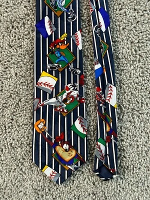 VINTAGE Looney Tunes Neck Tie Blue White Taz Baseball Casual Mens 90s Foto 1 de 4