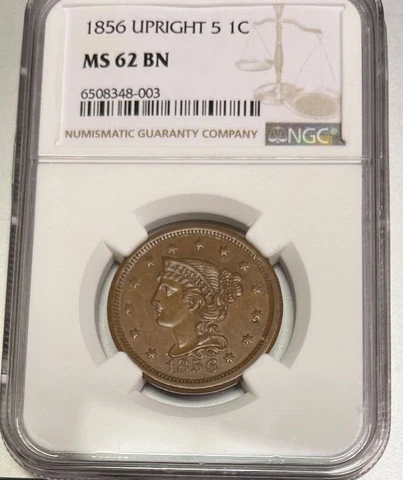 1856  Upright 5 Five Braided Hair Large Cent 1C NGC MS 62 Brown Cover