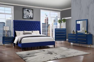 Modern 5 PC California King Bedroom Furniture Set, Gloss Finish, Navy Blue - Picture 1 of 10