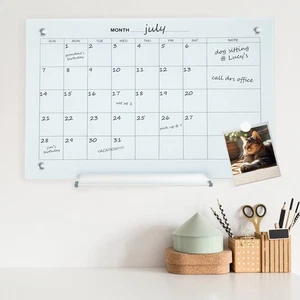 Magnetic Glass Dry Erase Wall Calendar with Markers - White by Sunnydaze - Picture 1 of 10