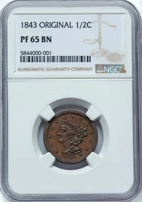 1843 BRAIDED HAIR 1/2C NGC PR 65 BN - Image 1 of 4