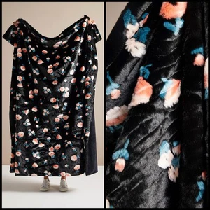 Anthropologie Flora Faux Fur Throw Black Peach Floral Blanket Warm Cozy Gift - Picture 1 of 8