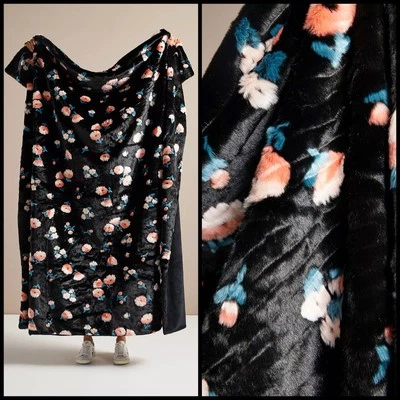 Anthropologie Flora Faux Fur Throw Black Peach Floral Blanket Warm Cozy Gift - Image 1 of 4