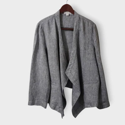Coldwater Creek Linen Open Draped Asymmetric Jacket Grey Herringbone Sz XL (18) - Image 1 of 4