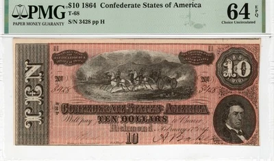 T-68 PF-27 1864 $10 Confederate Paper Money - PMG Choice Uncirculated 64 EPQ - Image 1 of 2