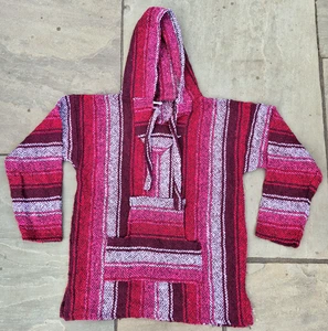 Mexican Baja Hoodie Unisex M Pink Red Striped Pullover Festival Hippie Boho - Picture 1 of 10