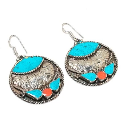 Türkis rote Koralle Ohrringe Tibetisches Silber Vintage Nepali Schmuck 2,50" ... - Bild 1 von 4