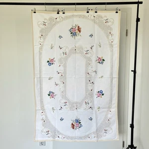 Vintage Tischdecke Leinen mit Stickerei Blumen Dekor Blumenmuster 1950er Jahre - Bild 1 von 10
