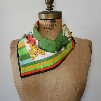 Japan 21x21" Vintage 100% Cotton Floral Headscarf Scarf Orange Hippie Flowers - Image 1 of 4