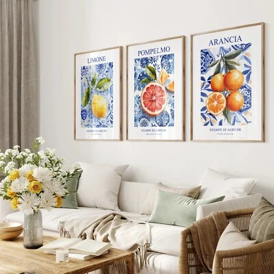 Conjunto de 3 pôsteres de arte de parede de frutas italianas com estampas cítricas laranja limão toranja - Imagem 1 de 4