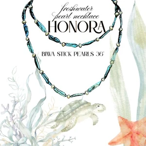 Honora Biwa Stick Freshwater Pearl Necklace 36" – Iridescent Teal Green & Gold - Picture 1 of 5