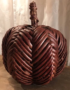 Rattan Woven Dark Red Brown Pumpkin with Stem Table Decor Harvest Fall 11” - Picture 1 of 10