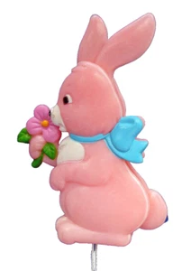 Easter Unlimited PIN Vintage PULL STRING Pink BUNNY RABBIT w Flower 1970s Brooch - Picture 1 of 5