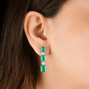 Elegant 10.78ctw Sambianischer Smaragd & H/Si Diamant Lang Ohrringe 14K Weißgold - Bild 1 von 9