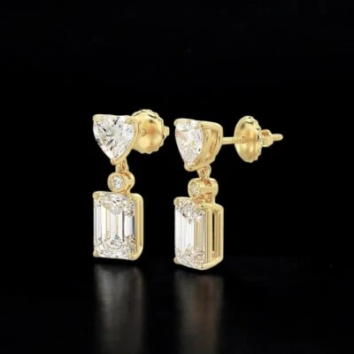 7 Carat Lab Created Emerald Heart Cut Diamond Stud Earrings 14K Yellow Gold - Image 1 of 4