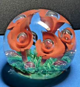 VNTG MCM Hand Blown Art Glass 5 Orange Flowers Paperweight w/ Controlled Bubbles - Picture 1 of 5