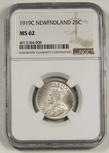 Canada NEWFOUNDLAND 1917 C Silver 25 Cent Coin KM#17 NGC MS62 UNC/BU George V - Picture 1 of 4