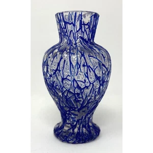 Vintage ca. 1880s 4" Harrach Peloton Glass Blue Threaded Vase, Dark Blue Threads - Picture 1 of 10