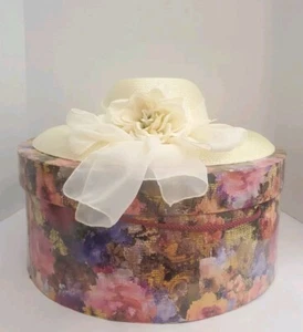 Vintage Marionette Wide Brim Womens Hat W/ Box Ivory Floral Ribbon 15" - Picture 1 of 11