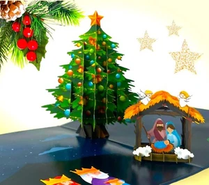 3D Pop Up Xmas Card Happy Merry Christmas Nativity Jesus Angels Tree Holy Family - Picture 1 of 8