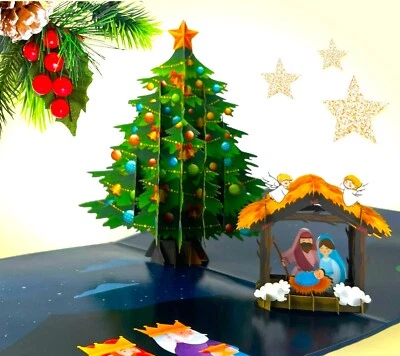 3D Pop Up Xmas Card Happy Merry Christmas Nativity Jesus Angels Tree Holy Family - Image 1 of 4