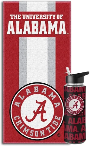 NCAA Fan Bundle w/ Water Bottle, Beach Towel (Alabama Crimson Tide Striped) Cover