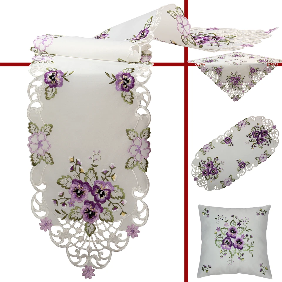 Pansy Table runner Doily Tablecloth Cushion cover Cream Purple Flower Embroidery - Image 1 of 1