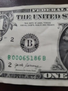 2017A 1 $ Dollar Schein B00065186B niedrige Nummer Federal Reserve Note - Bild 1 von 3