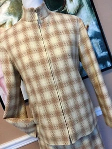 MONDI ZIP FRONT BEIGE PLAID DRESSY SKIRT SUIT J 34 / S 34 -U S 6 LUX 100% WOOL - Picture 1 of 8