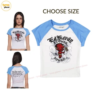 Choose Size M/L - Ed Hardy Devil Flower Raglan Cap Sleeve Tee Blue White NWT - Picture 1 of 10
