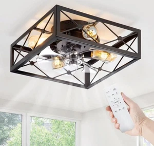 Caged Flush Mount Ceiling Fans with Lights and Remote, Black Square Rustic - Picture 1 of 10