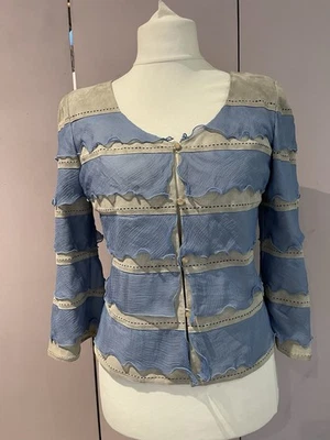 Chaqueta Salvatore Ferragamo Rara Beige Cuero y Azul Seda Volantes UK12  Foto 1 de 4