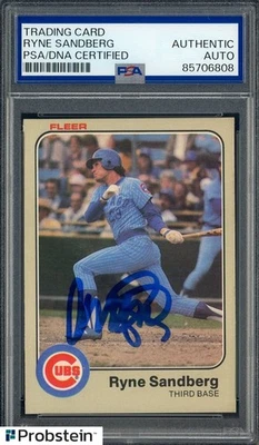Ryne Sandberg Salón de la Fama Firmado 1983 Fleer #507 Cubs RC Novato PSA/ADN AUTO Foto 1 de 2