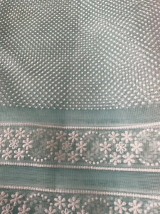 Vtg Aqua Nylon Sheer Flocked Swiss Dotted Floral Border Print 12yards x 52”W - Picture 1 of 14