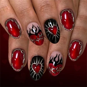 Red Heart Valentines Press On Nail 24Pcs 3D Cats Eye Flame Gold Glitters Nail - Picture 1 of 8