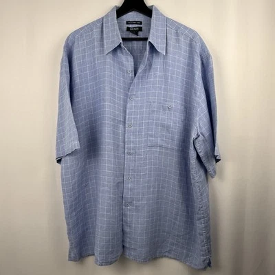 Bruno Washable Linen Shirt Blue Windowpane Plaid Men2XL - Image 1 of 4