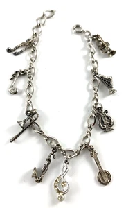 Bettelarmband Sterling | 9 Charms zum Thema Musik | 15 g | 7" - 8" Adj. | Vintage - Bild 1 von 4
