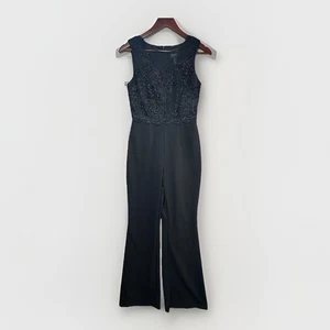 $219 Adrianna Papell Jumpsuit Size 2 Black Sleeveless Lace Sequins Mesh Evening - Picture 1 of 12