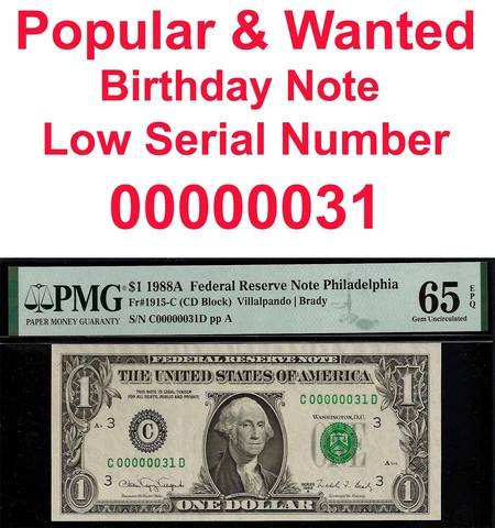 1988A $1 Federal Reserve Note PMG 65EPQ wanted gem low serial birthday Fr 1915-C Cover
