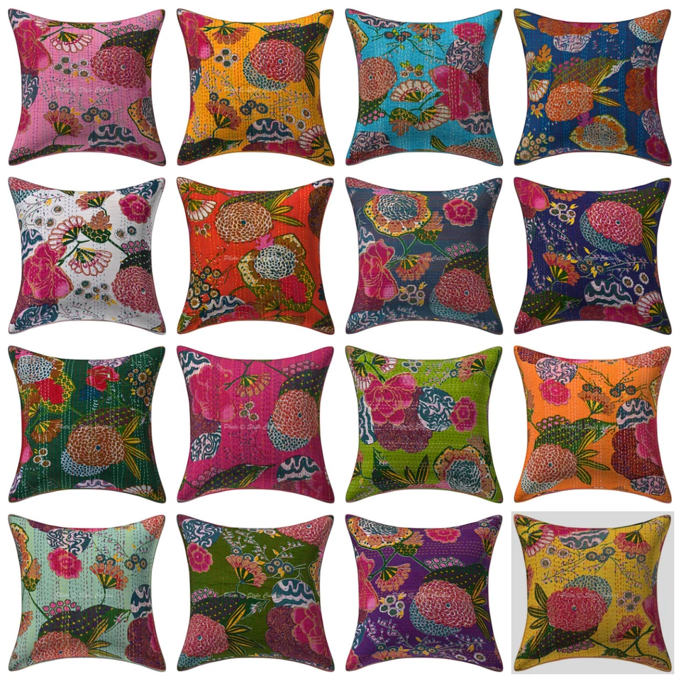 Decoraive Kantha Cushion Cover Indian Cotton Tropicana Sofa Bedding Pillow Case - Image 1 of 1