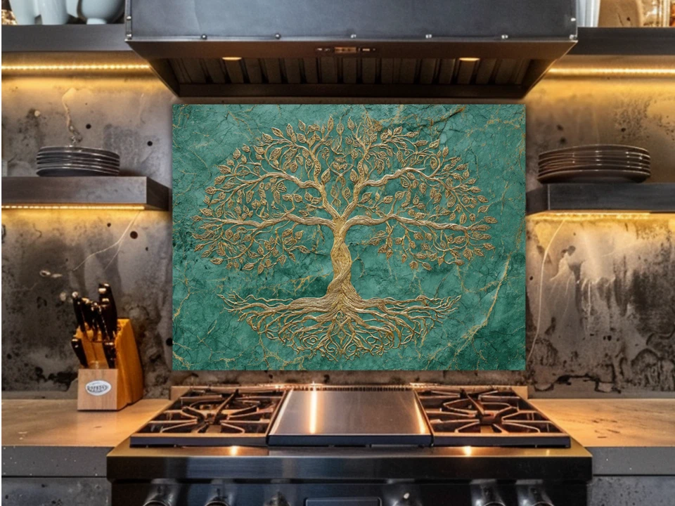 Árbol de la Vida Splashback Diseño Dorado en Mármol Verde Estufa Endurecida Salpicadero Foto 1 de 4