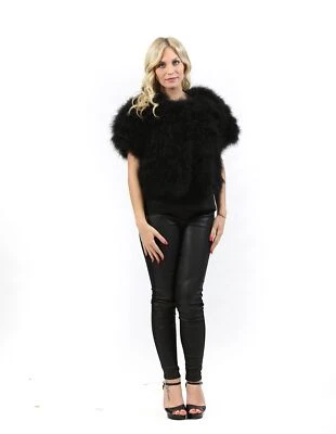 Capa de piel con ganchos cortos de plumas negras Pignatelli-46 Foto 1 de 4